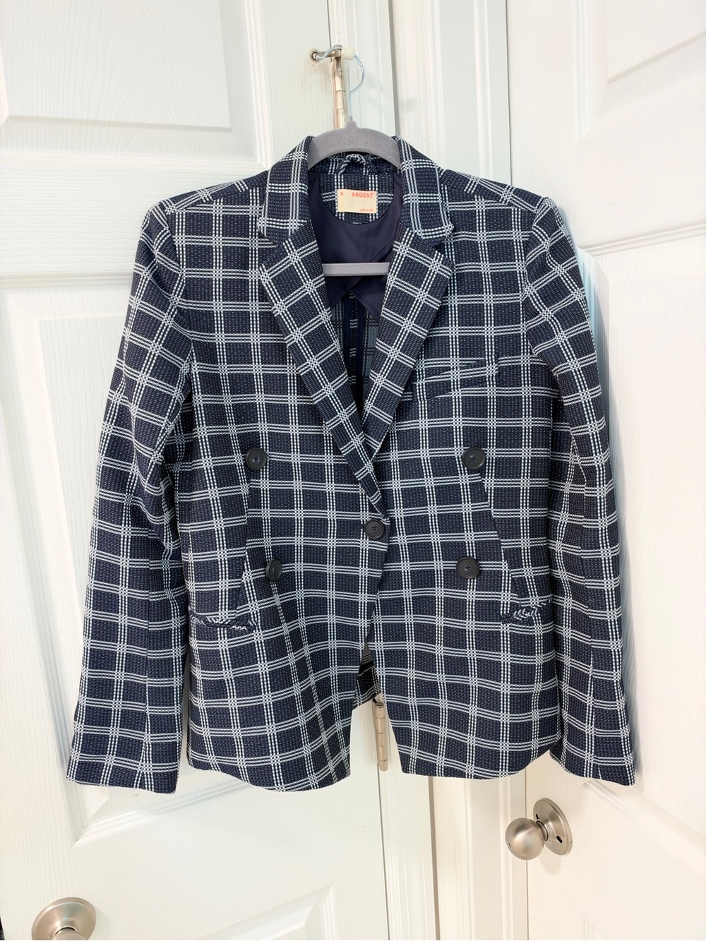 Argent Plaid Crossover Blazer career navy blue white preppy  women’s size 8